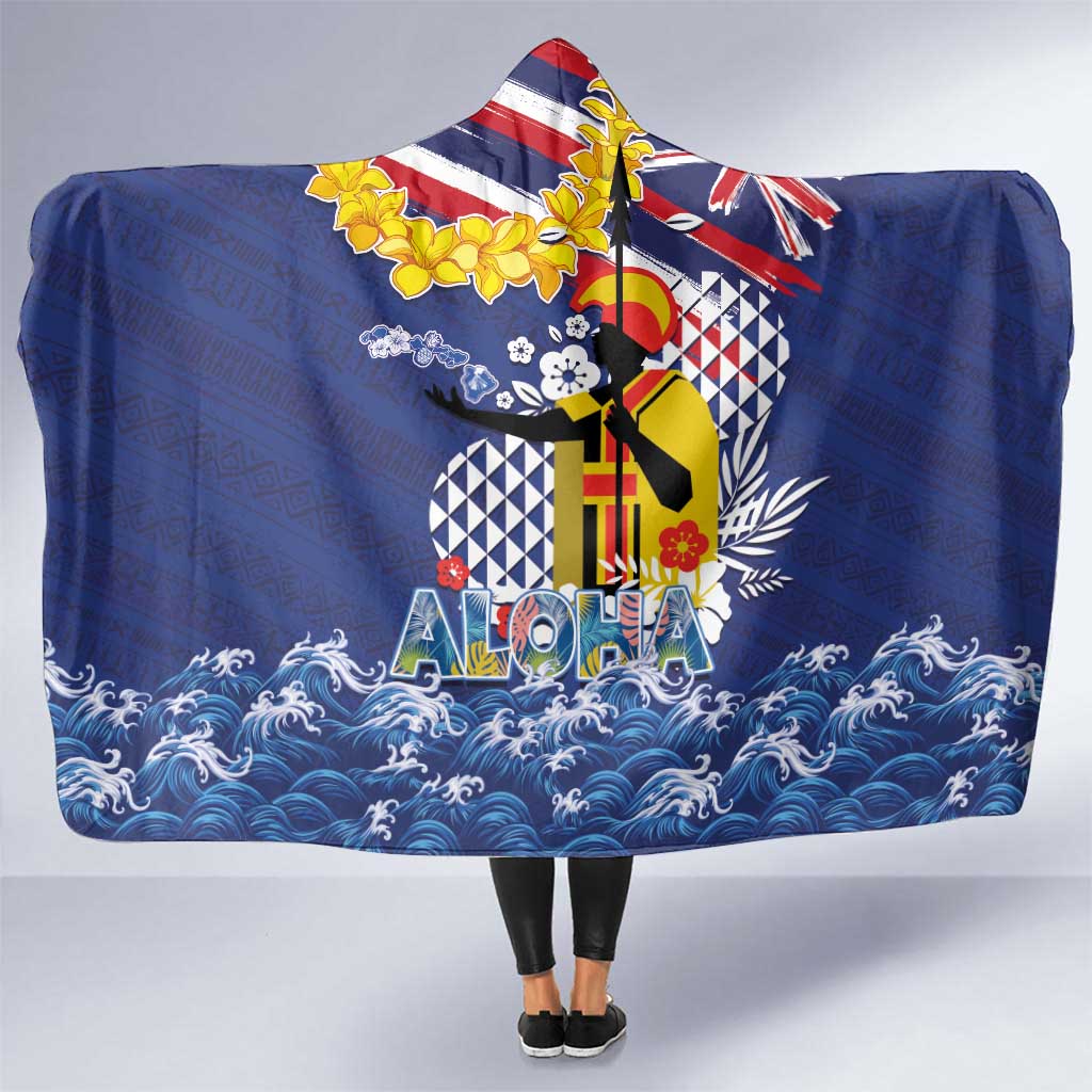 Hawaii King Kamehameha Day Hooded Blanket Lei Sea Waves Polynesian Tapa Pattern LT03 One Size Blue - Polynesian Pride