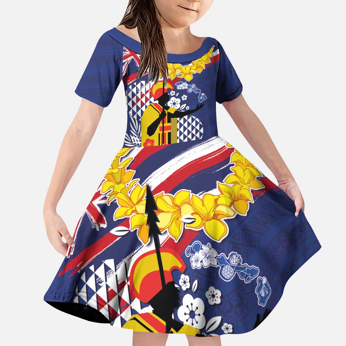 Hawaii King Kamehameha Day Kid Short Sleeve Dress Lei Sea Waves Polynesian Tapa Pattern LT03 KID Blue - Polynesian Pride