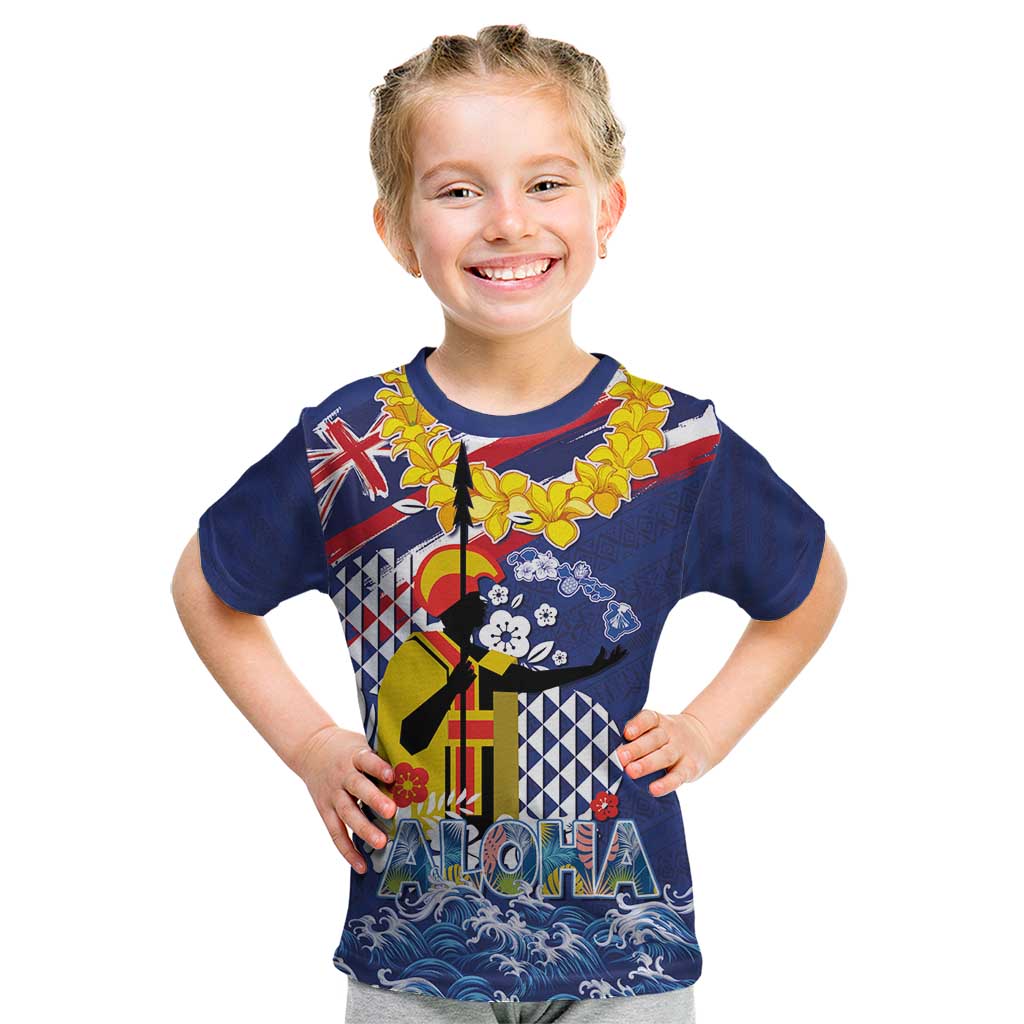 Hawaii King Kamehameha Day Kid T Shirt Lei Sea Waves Polynesian Tapa Pattern LT03 Blue - Polynesian Pride