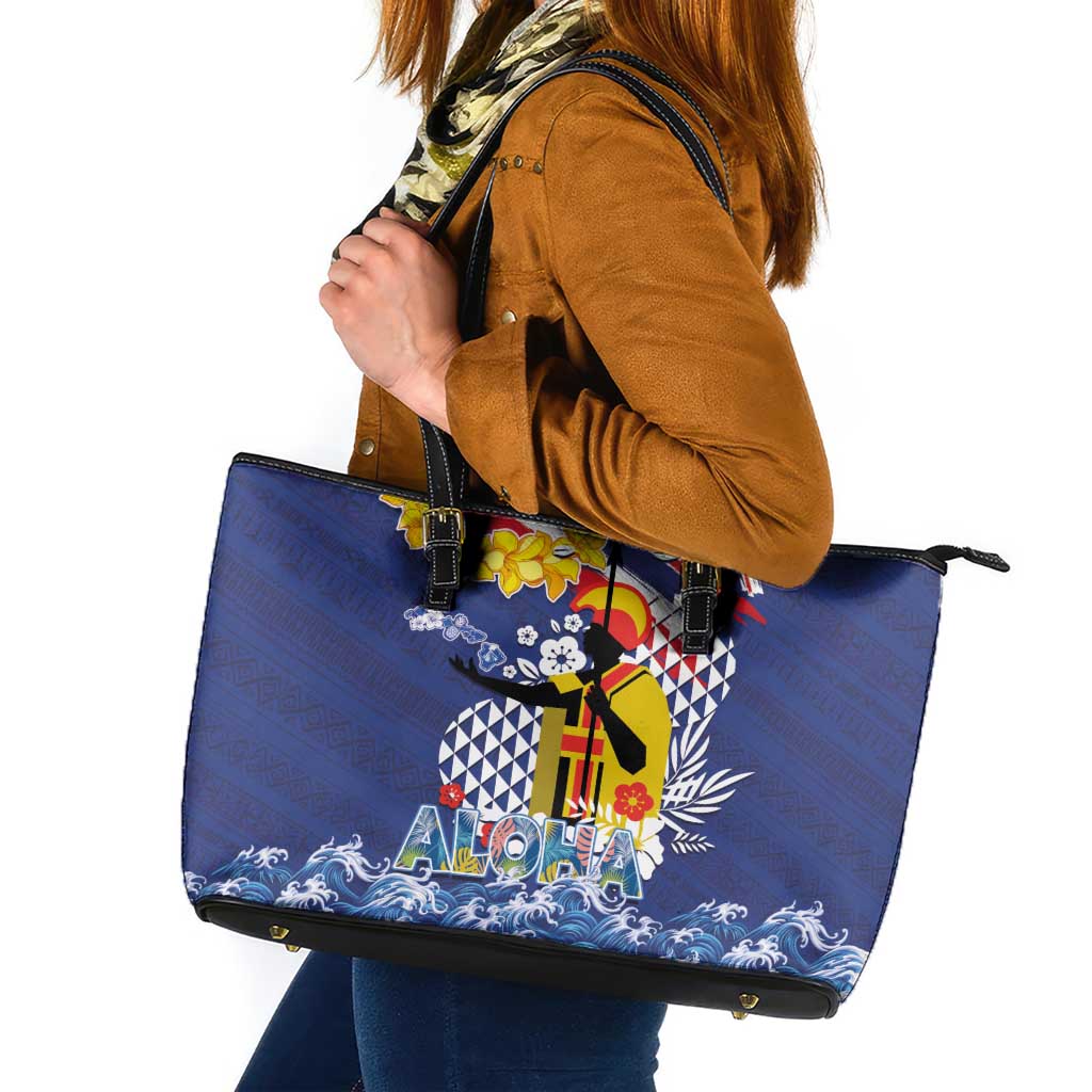 Hawaii King Kamehameha Day Leather Tote Bag Lei Sea Waves Polynesian Tapa Pattern LT03 Blue - Polynesian Pride
