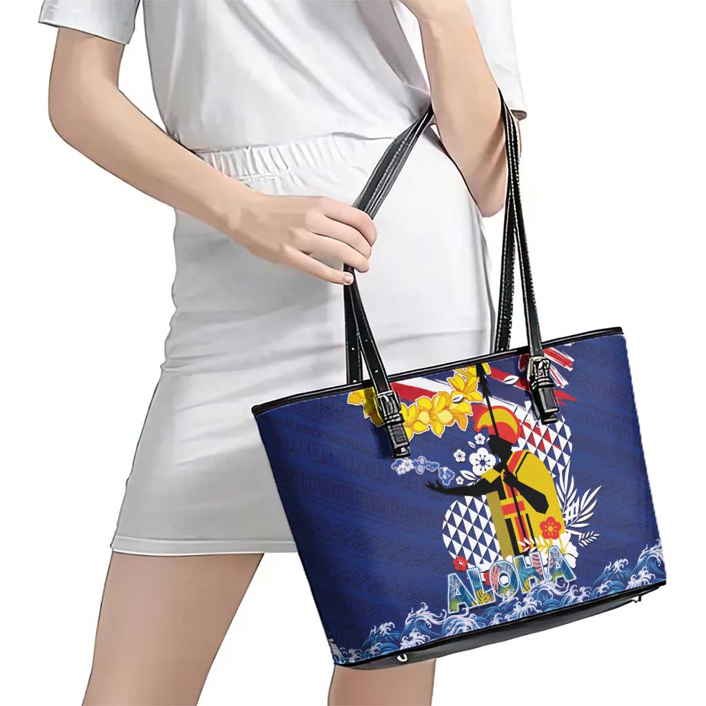 Hawaii King Kamehameha Day Leather Tote Bag Lei Sea Waves Polynesian Tapa Pattern LT03 - Polynesian Pride