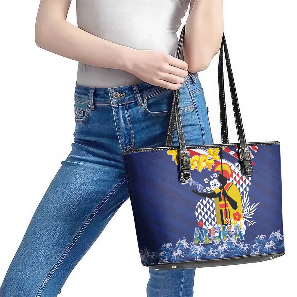 Hawaii King Kamehameha Day Leather Tote Bag Lei Sea Waves Polynesian Tapa Pattern LT03 - Polynesian Pride