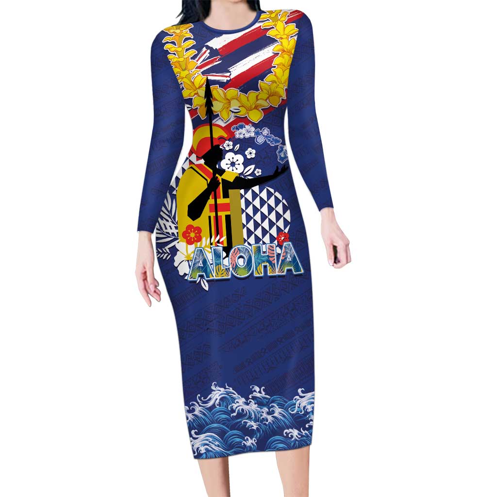 Hawaii King Kamehameha Day Long Sleeve Bodycon Dress Lei Sea Waves Polynesian Tapa Pattern LT03 Long Dress Blue - Polynesian Pride