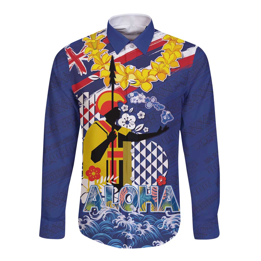 Hawaii King Kamehameha Day Long Sleeve Button Shirt Lei Sea Waves Polynesian Tapa Pattern LT03 Unisex Blue - Polynesian Pride