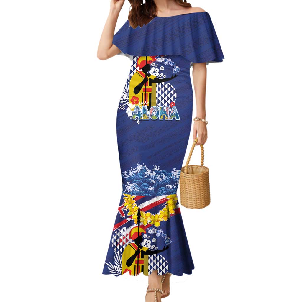 Hawaii King Kamehameha Day Mermaid Dress Lei Sea Waves Polynesian Tapa Pattern LT03 Women Blue - Polynesian Pride
