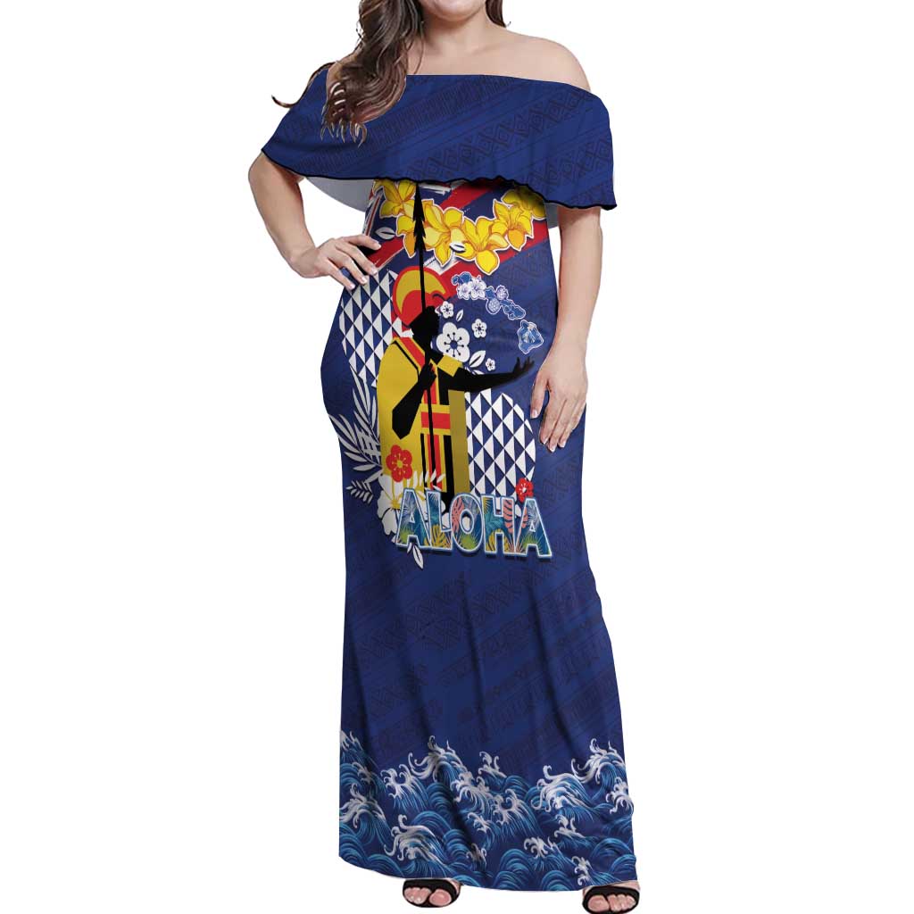 Hawaii King Kamehameha Day Off Shoulder Maxi Dress Lei Sea Waves Polynesian Tapa Pattern LT03 Women Blue - Polynesian Pride