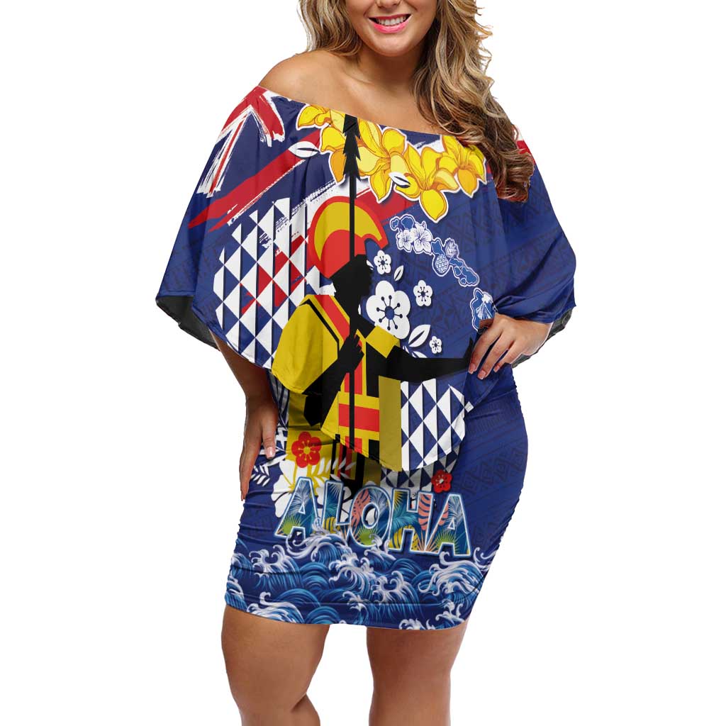 Hawaii King Kamehameha Day Off Shoulder Short Dress Lei Sea Waves Polynesian Tapa Pattern LT03 Women Blue - Polynesian Pride