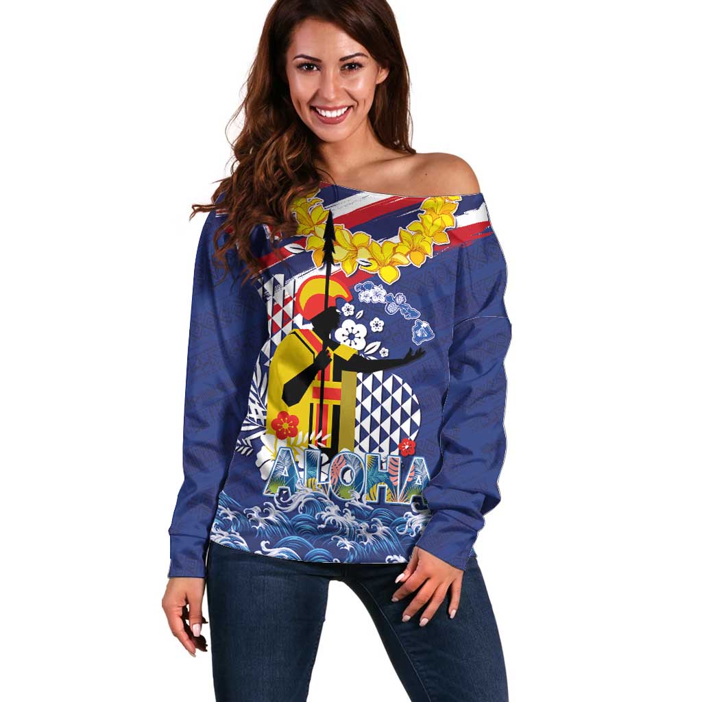 Hawaii King Kamehameha Day Off Shoulder Sweater Lei Sea Waves Polynesian Tapa Pattern LT03 Women Blue - Polynesian Pride