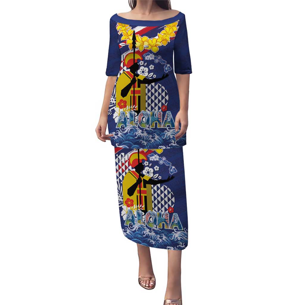 Hawaii King Kamehameha Day Puletasi Lei Sea Waves Polynesian Tapa Pattern LT03 Long Dress Blue - Polynesian Pride