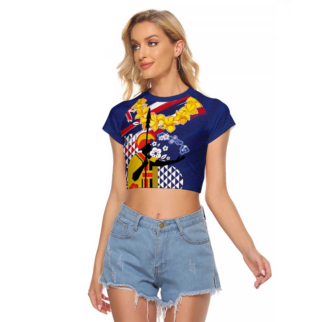 Hawaii King Kamehameha Day Raglan Cropped T Shirt Lei Sea Waves Polynesian Tapa Pattern LT03 Female Blue - Polynesian Pride