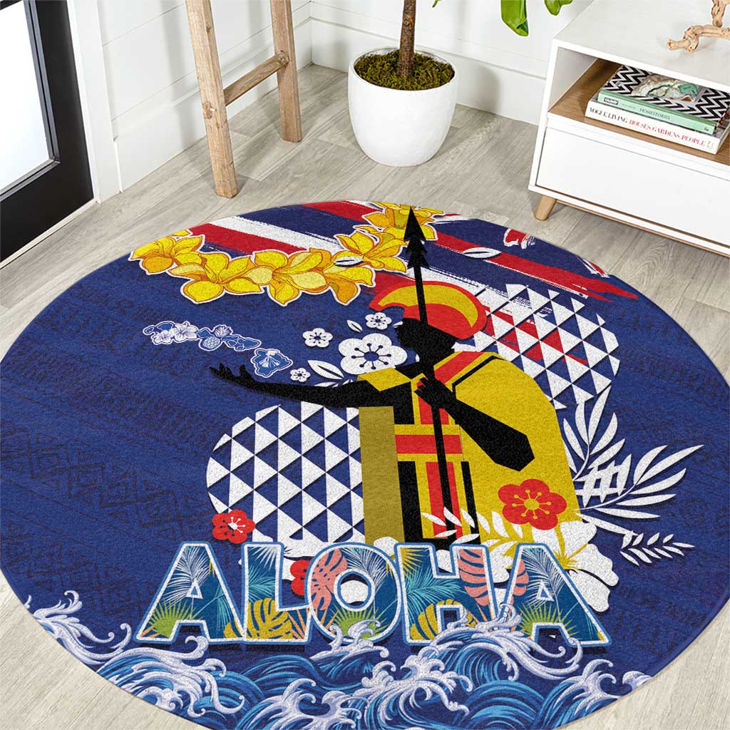 Hawaii King Kamehameha Day Round Carpet Lei Sea Waves Polynesian Tapa Pattern LT03 Blue - Polynesian Pride