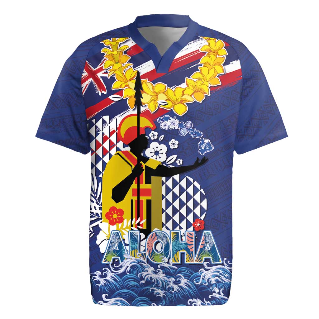 Hawaii King Kamehameha Day Rugby Jersey Lei Sea Waves Polynesian Tapa Pattern LT03 Blue - Polynesian Pride