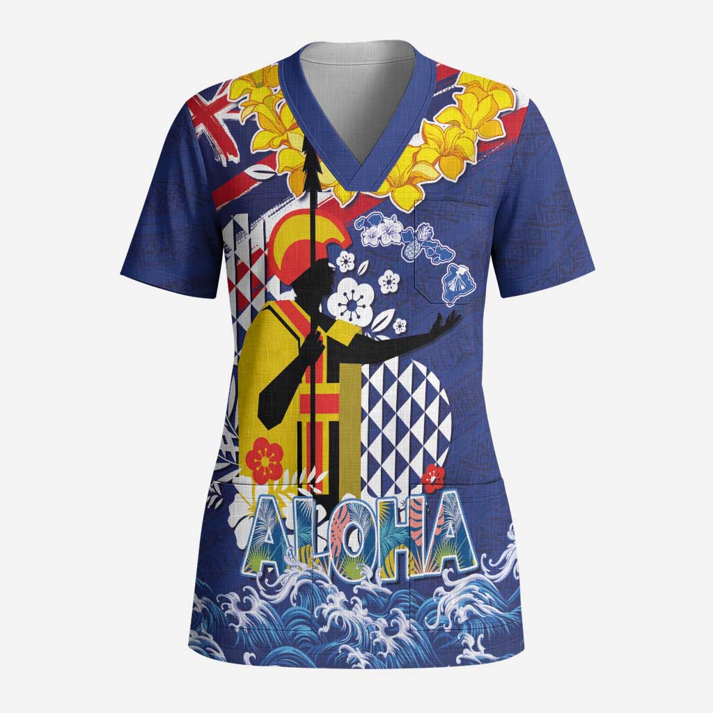 Hawaii King Kamehameha Day Scrub Top Lei Sea Waves Polynesian Tapa Pattern LT03 Adult Blue - Polynesian Pride