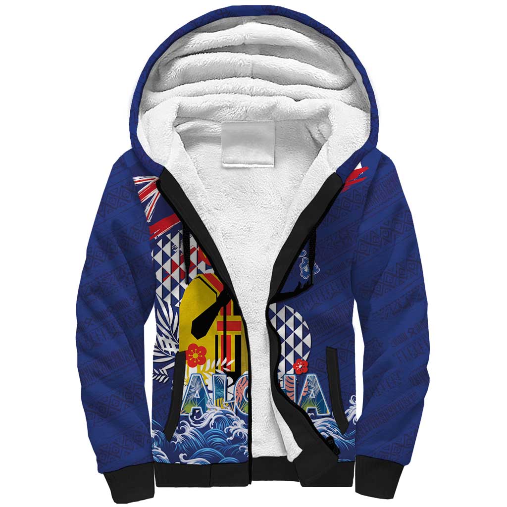 Hawaii King Kamehameha Day Sherpa Hoodie Lei Sea Waves Polynesian Tapa Pattern LT03 Unisex Blue - Polynesian Pride