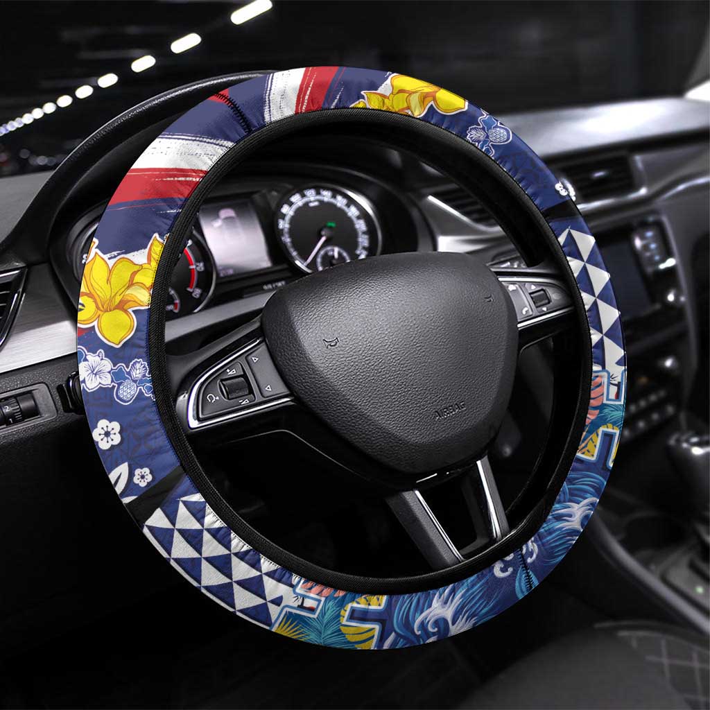 Hawaii King Kamehameha Day Steering Wheel Cover Lei Sea Waves Polynesian Tapa Pattern LT03 Universal Fit Blue - Polynesian Pride