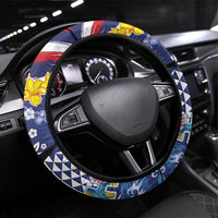 Hawaii King Kamehameha Day Steering Wheel Cover Lei Sea Waves Polynesian Tapa Pattern LT03 Universal Fit Blue - Polynesian Pride