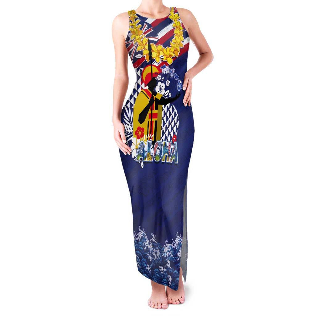 Hawaii King Kamehameha Day Tank Maxi Dress Lei Sea Waves Polynesian Tapa Pattern LT03 Women Blue - Polynesian Pride