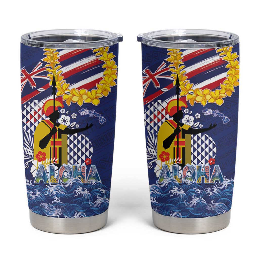 Hawaii King Kamehameha Day Tumbler Cup Lei Sea Waves Polynesian Tapa Pattern LT03 Blue - Polynesian Pride
