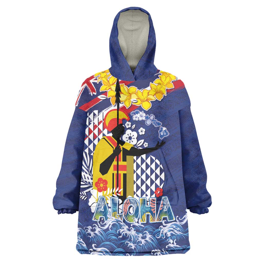 Hawaii King Kamehameha Day Wearable Blanket Hoodie Lei Sea Waves Polynesian Tapa Pattern LT03 One Size Blue - Polynesian Pride