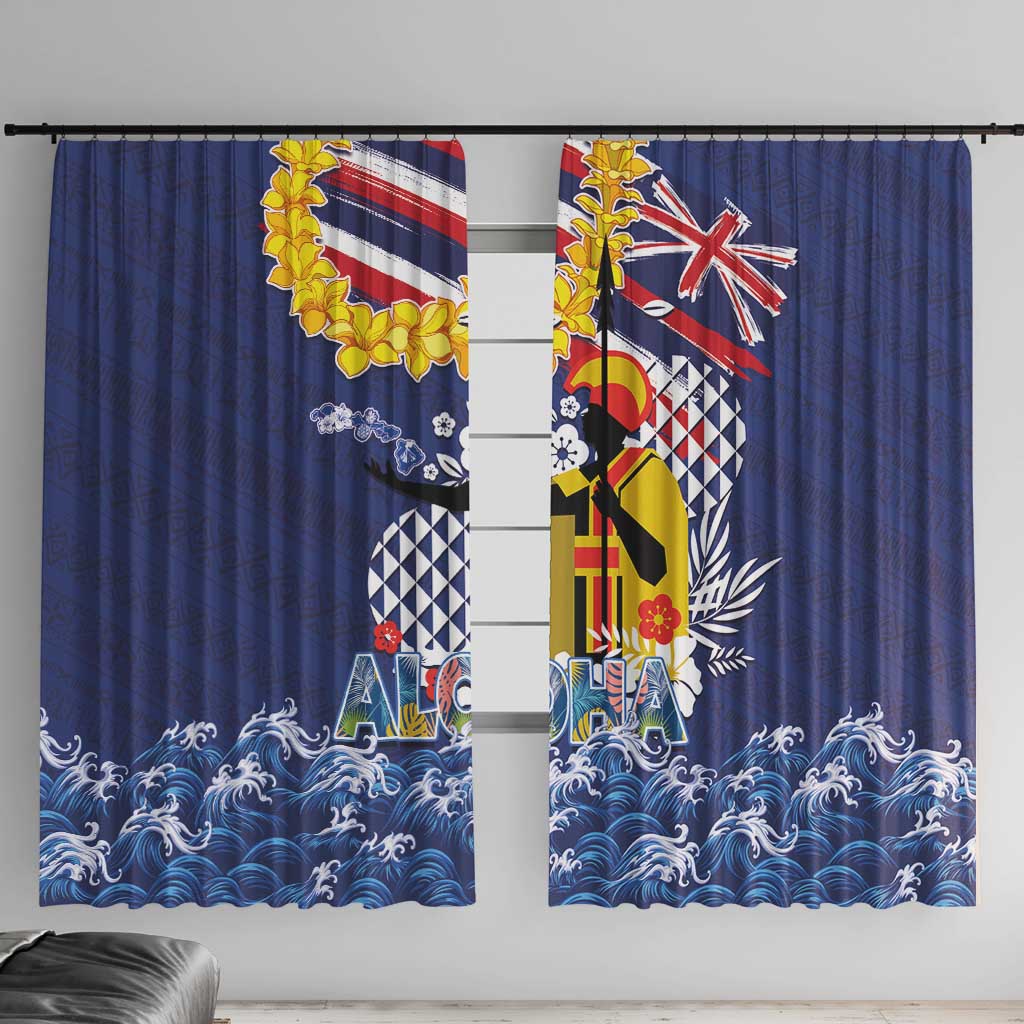 Hawaii King Kamehameha Day Window Curtain Lei Sea Waves Polynesian Tapa Pattern LT03 With Hooks Blue - Polynesian Pride