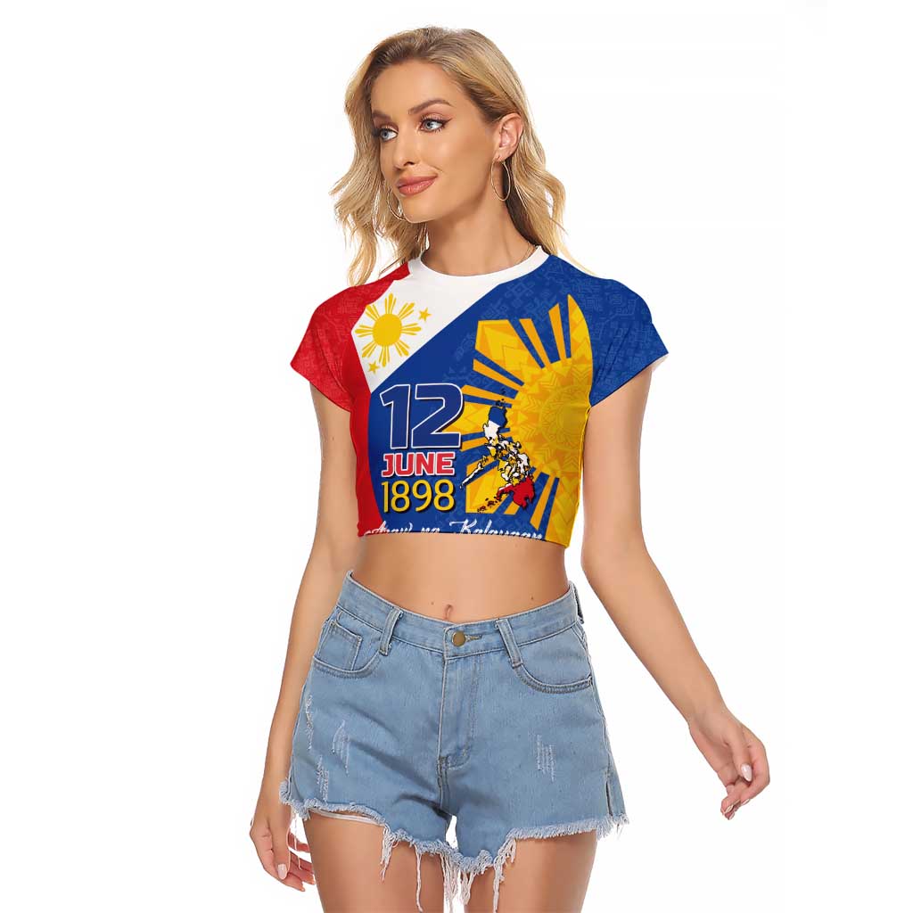 Philippines Independence Day Raglan Cropped T Shirt Araw ng Kalayaan Polynesian Sun and YAKAN Pattern LT03 Female Blue - Polynesian Pride