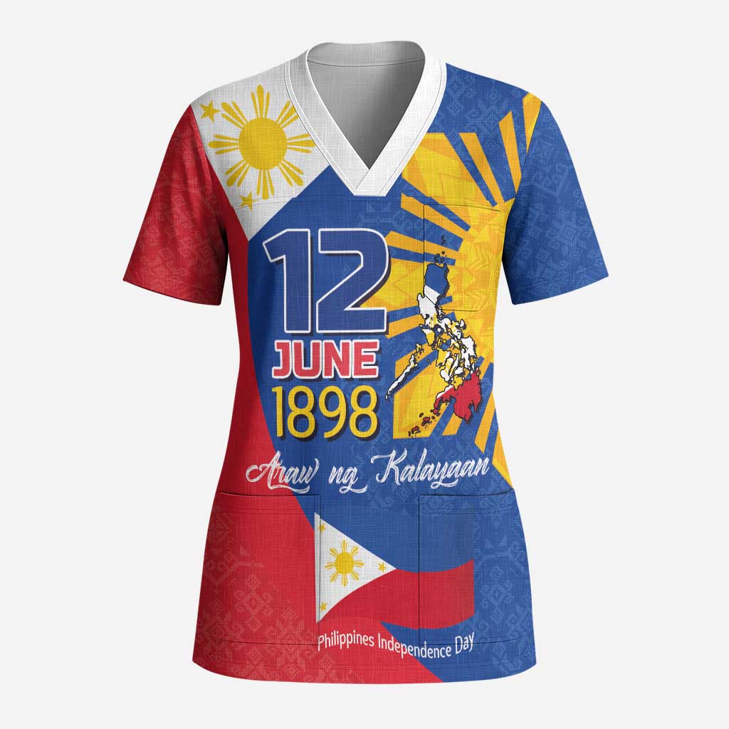 Philippines Independence Day Scrub Top Araw ng Kalayaan Polynesian Sun and YAKAN Pattern LT03 Adult Blue - Polynesian Pride
