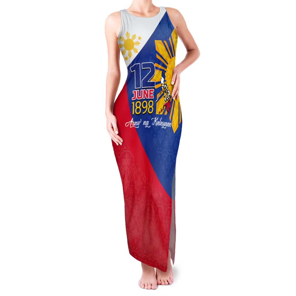 Philippines Independence Day Tank Maxi Dress Araw ng Kalayaan Polynesian Sun and YAKAN Pattern LT03 Women Blue - Polynesian Pride