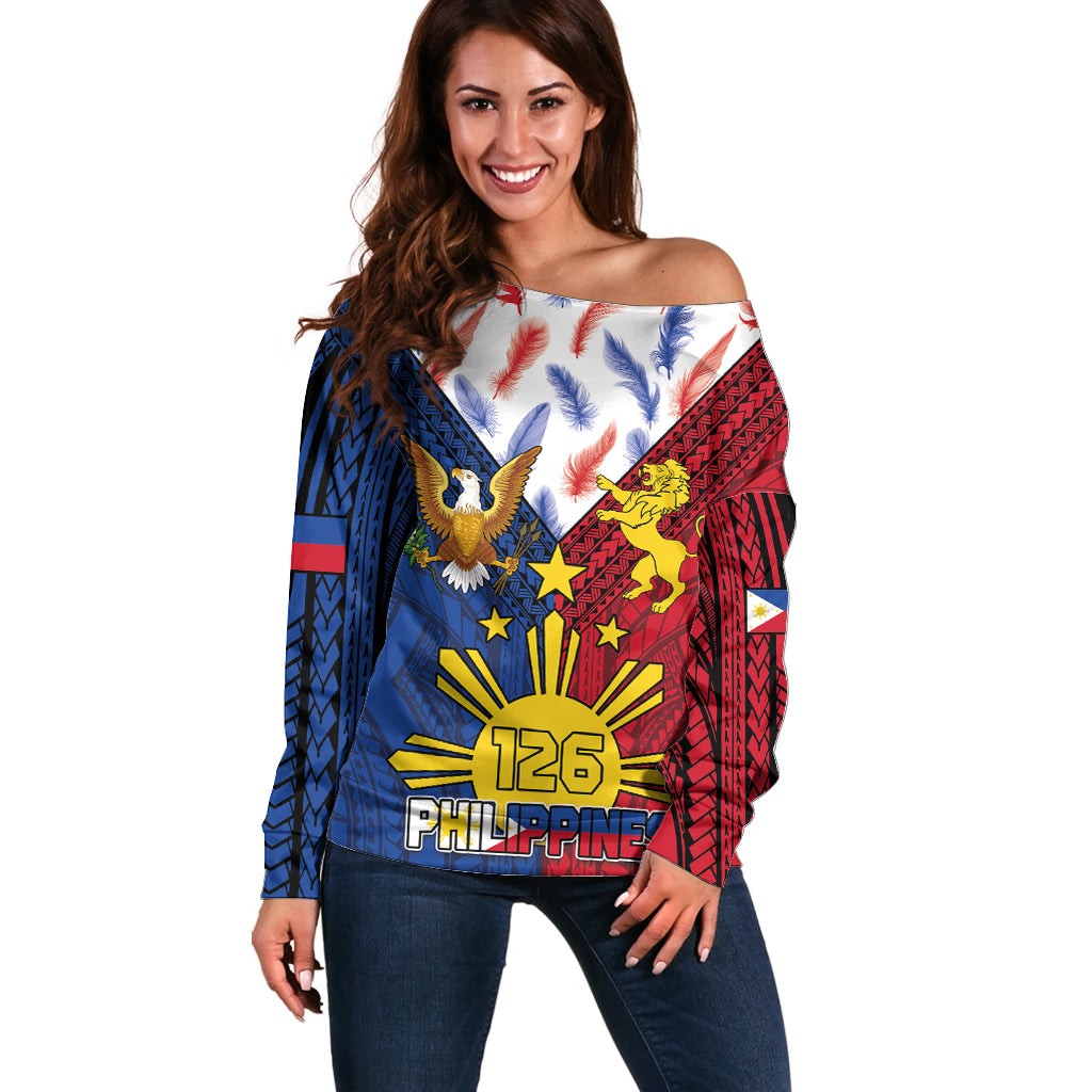 Philippines Independence Day 126th Anniversary Off Shoulder Sweater Polynesian Pattern National Flag Style LT03 Women Red - Polynesian Pride