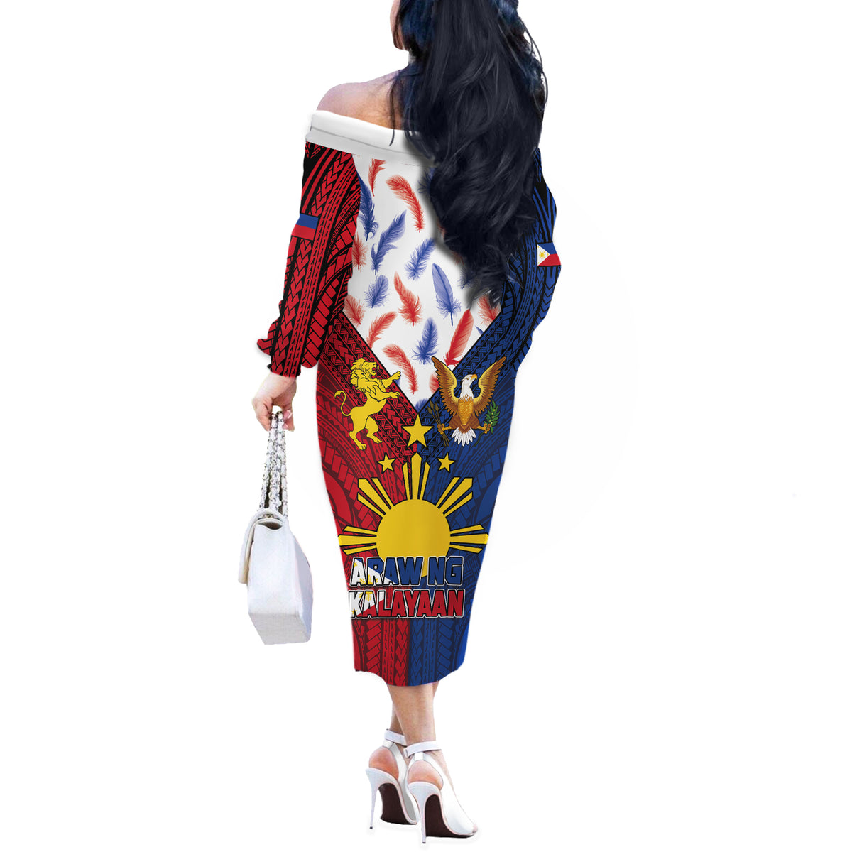 Philippines Independence Day 126th Anniversary Off The Shoulder Long Sleeve Dress Polynesian Pattern National Flag Style LT03 - Polynesian Pride