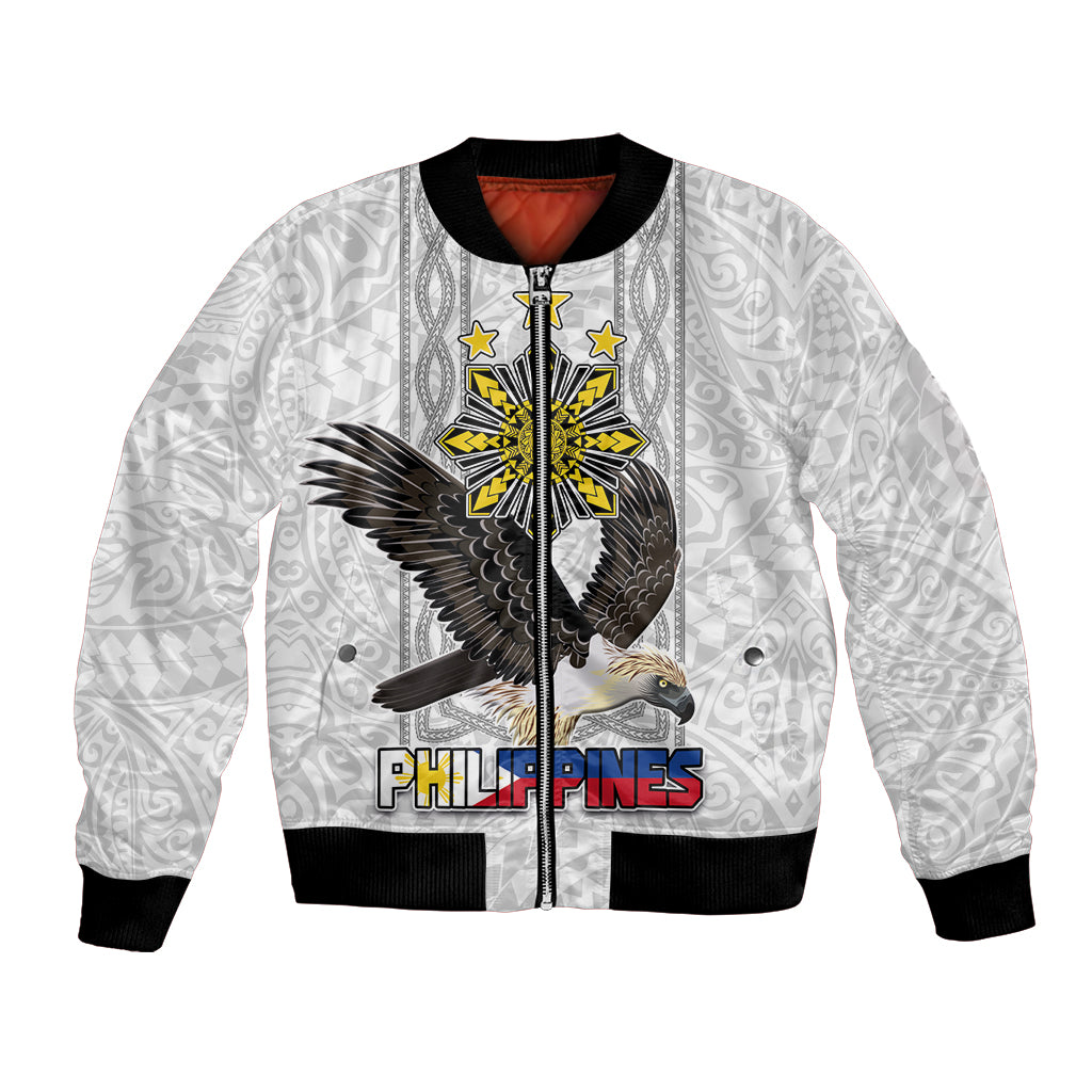 Philippines Eagle Week Bomber Jacket Polynesian Pattern Barong Style LT03 Unisex White - Polynesian Pride