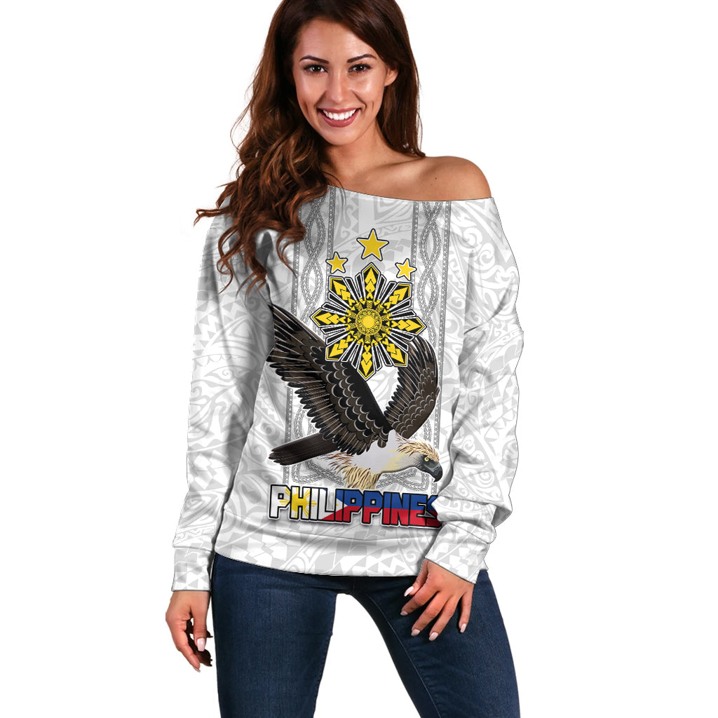 Philippines Eagle Week Off Shoulder Sweater Polynesian Pattern Barong Style LT03 Women White - Polynesian Pride