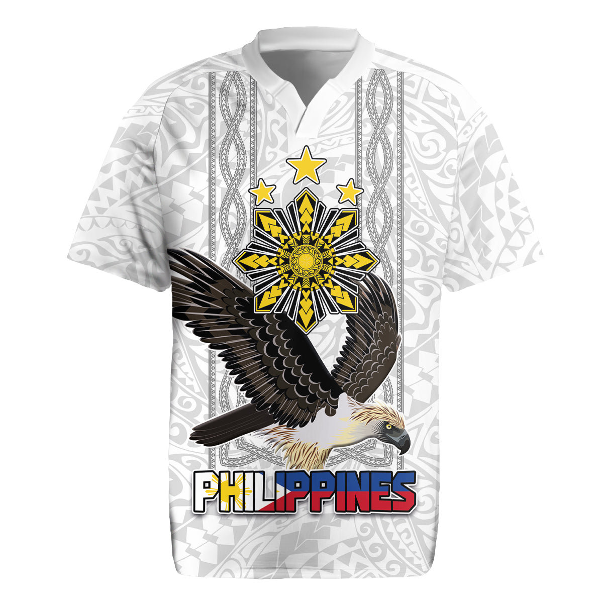 Philippines Eagle Week Rugby Jersey Polynesian Pattern Barong Style LT03 White - Polynesian Pride