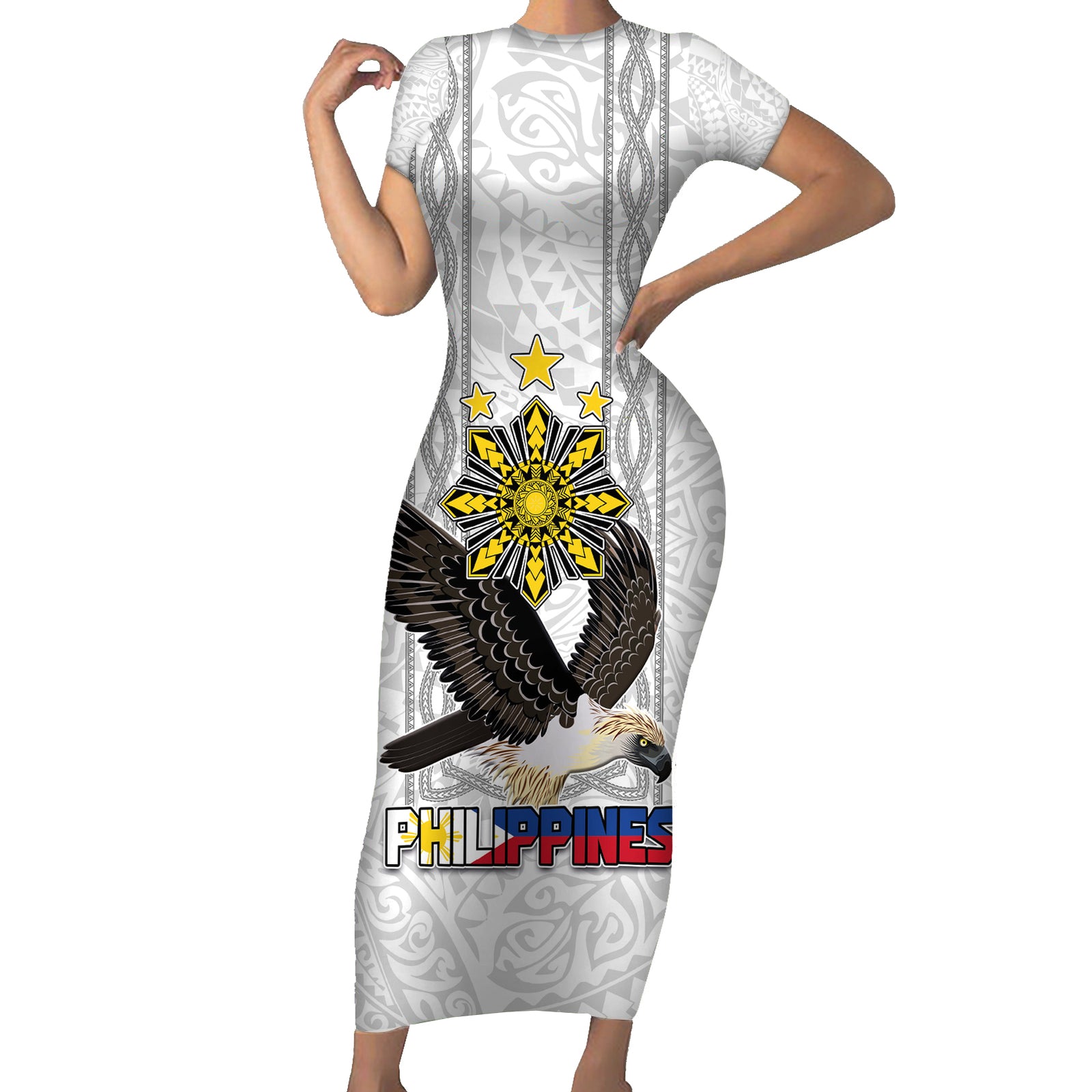 Philippines Eagle Week Short Sleeve Bodycon Dress Polynesian Pattern Barong Style LT03 Long Dress White - Polynesian Pride