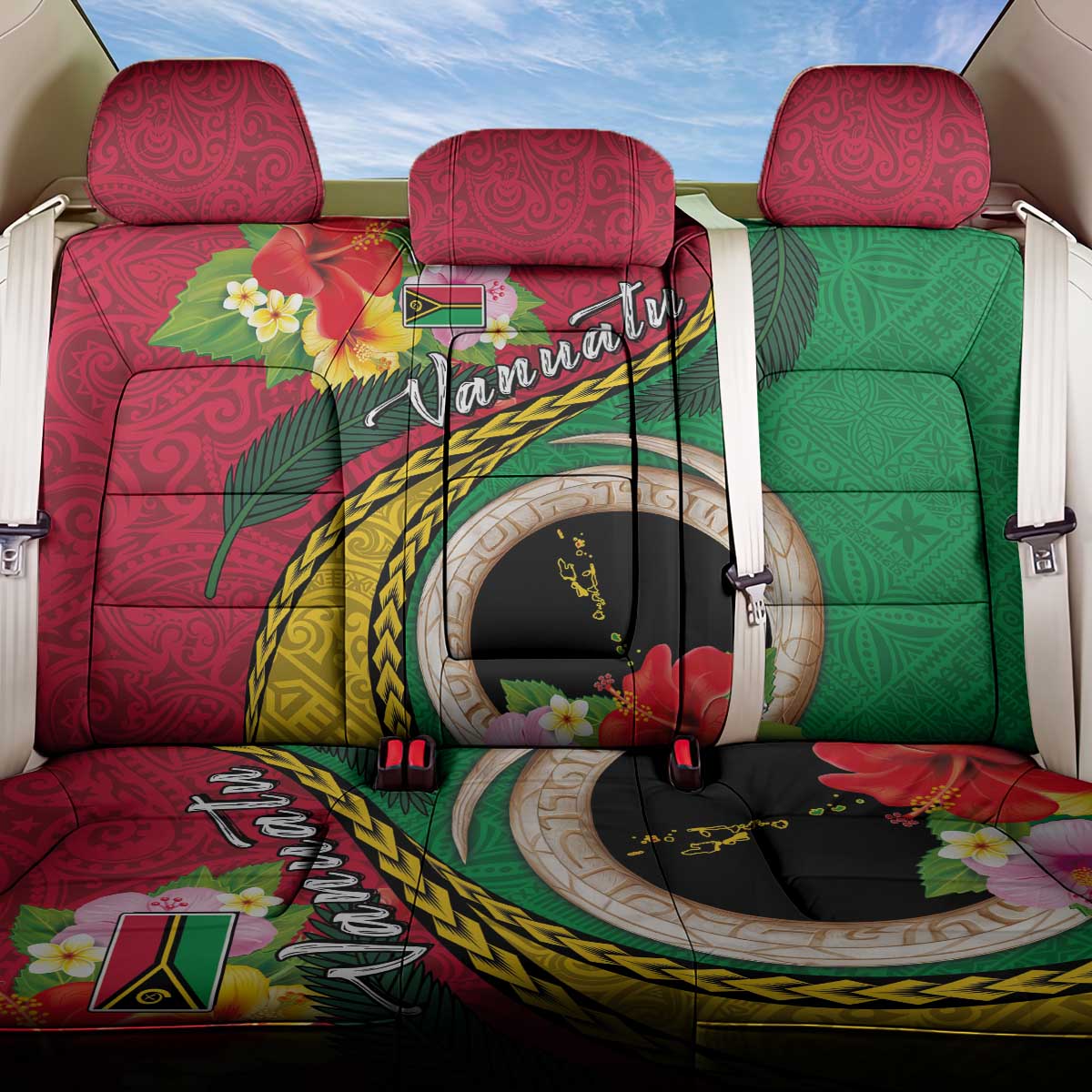 Vanuatu Tribal Boar Tusk Back Car Seat Cover Tropical Plants with Namele and Melanesian Pattern LT03 One Size Red - Polynesian Pride