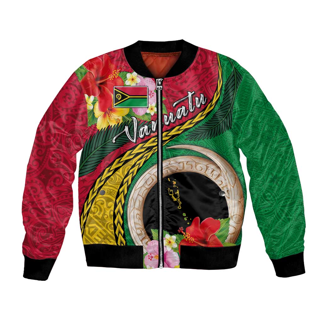 Vanuatu Tribal Boar Tusk Bomber Jacket Tropical Plants with Namele and Melanesian Pattern LT03 Unisex Red - Polynesian Pride