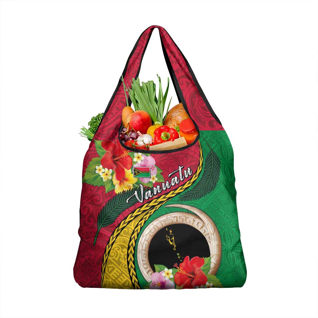 Vanuatu Tribal Boar Tusk Grocery Bag Tropical Plants with Namele and Melanesian Pattern LT03 1-pack One Size Red - Polynesian Pride