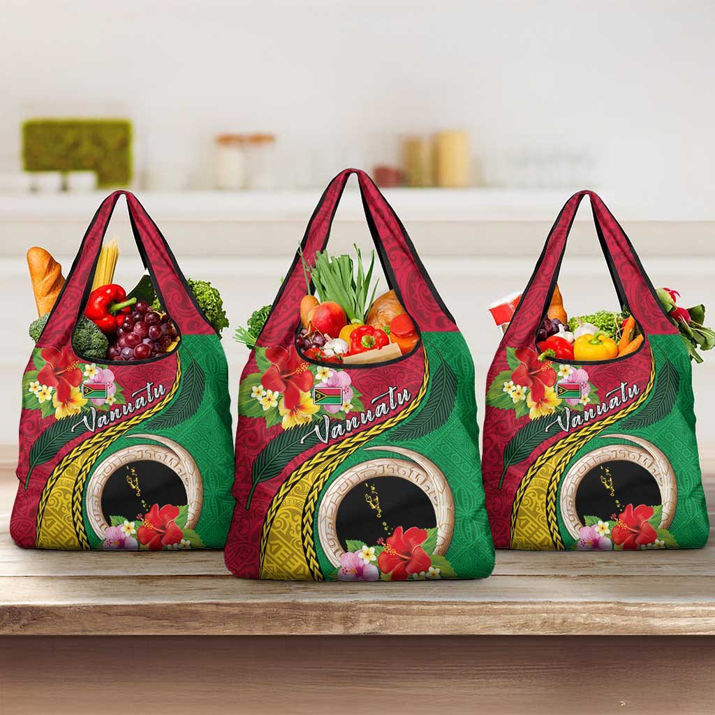 Vanuatu Tribal Boar Tusk Grocery Bag Tropical Plants with Namele and Melanesian Pattern LT03 3-pack One Size Red - Polynesian Pride