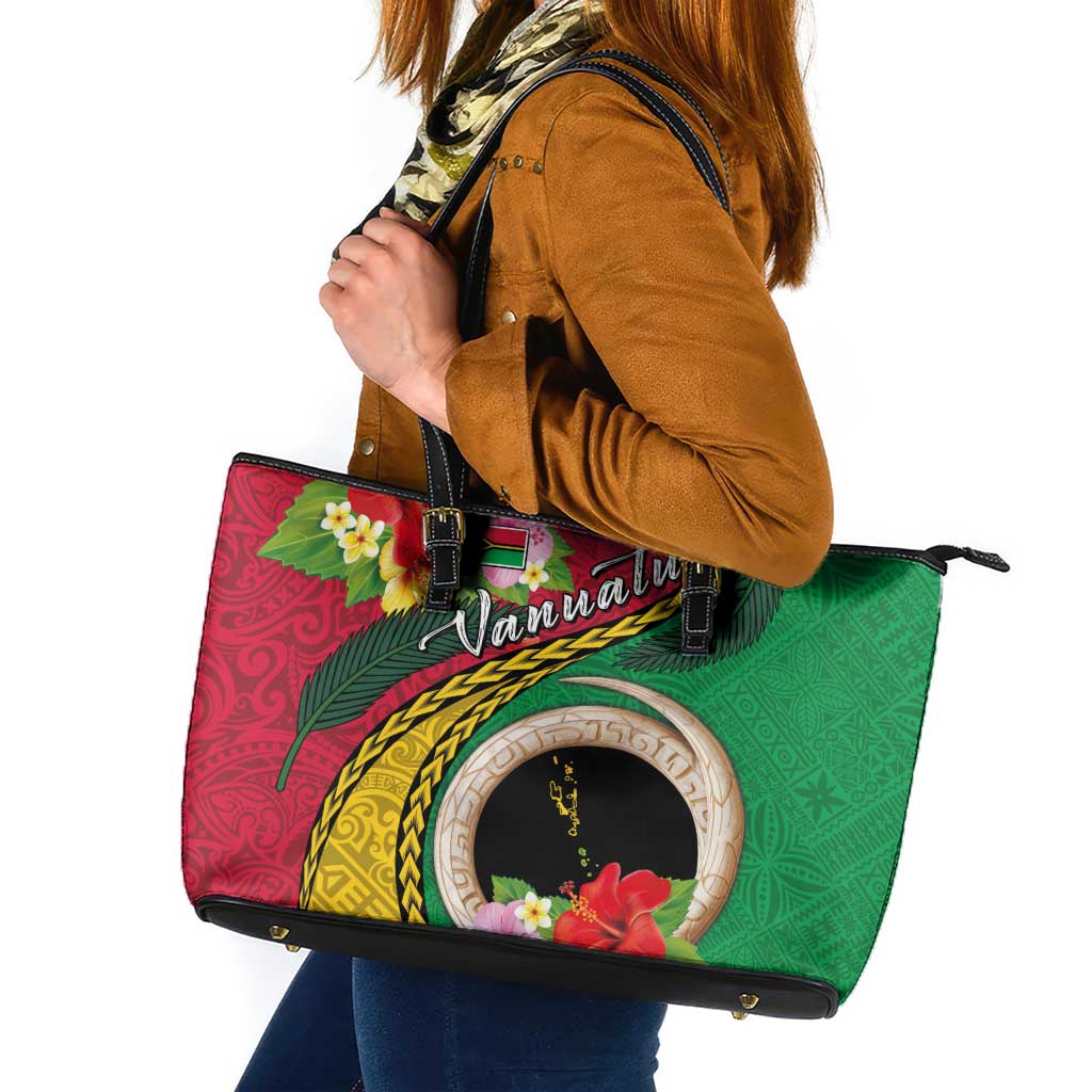 Vanuatu Tribal Boar Tusk Leather Tote Bag Tropical Plants with Namele and Melanesian Pattern LT03 Red - Polynesian Pride