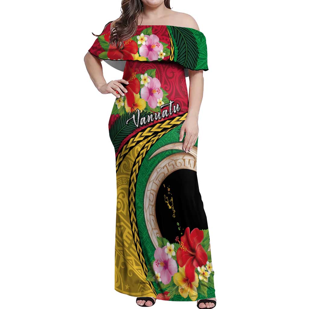 Vanuatu Tribal Boar Tusk Off Shoulder Maxi Dress Tropical Plants with Namele and Melanesian Pattern LT03 Women Red - Polynesian Pride