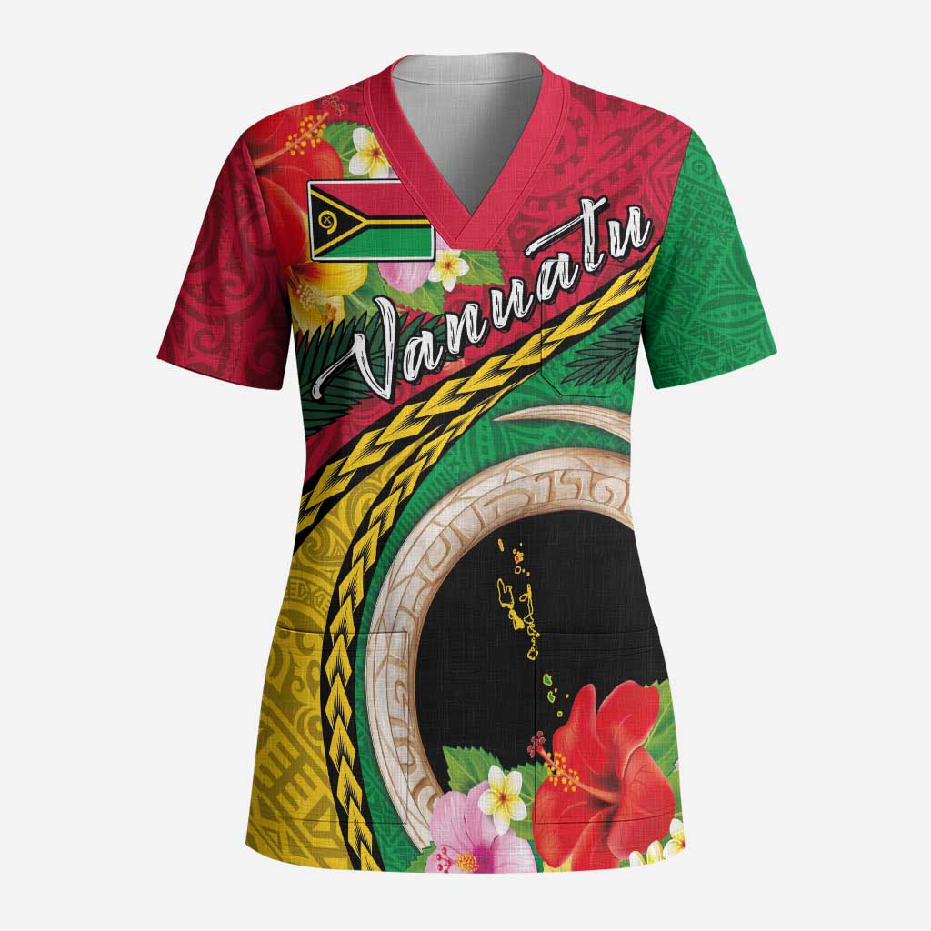 Vanuatu Tribal Boar Tusk Scrub Top Tropical Plants with Namele and Melanesian Pattern LT03 Adult Red - Polynesian Pride