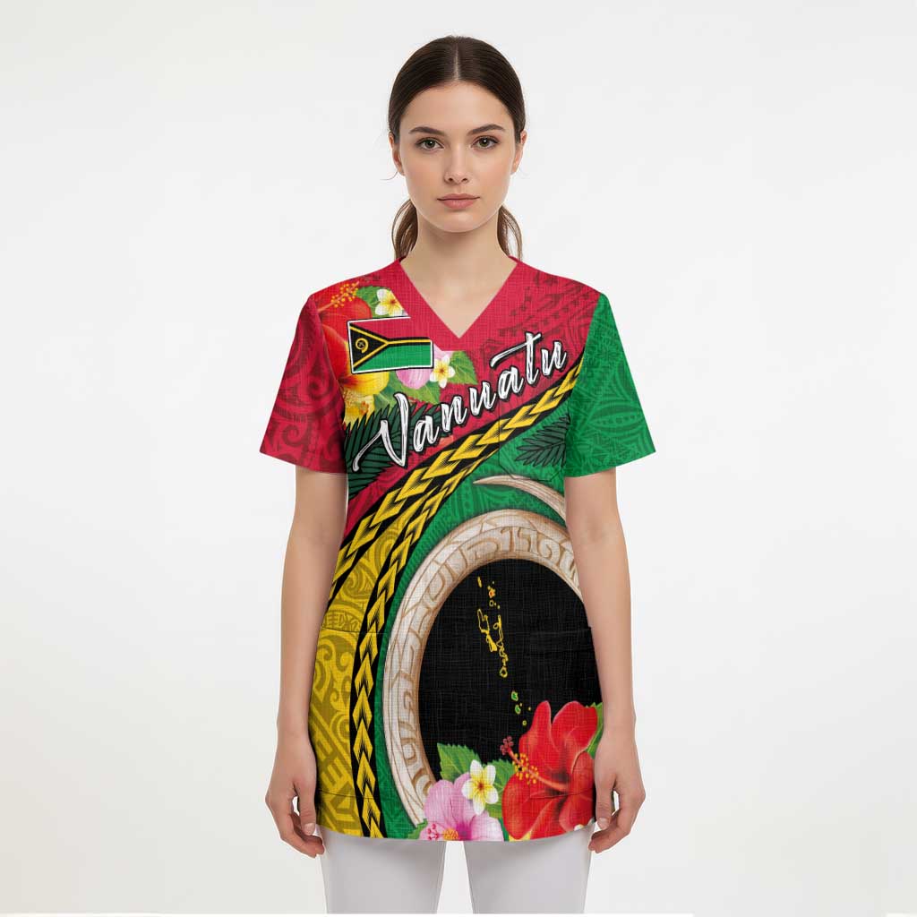 Vanuatu Tribal Boar Tusk Scrub Top Tropical Plants with Namele and Melanesian Pattern LT03 - Polynesian Pride