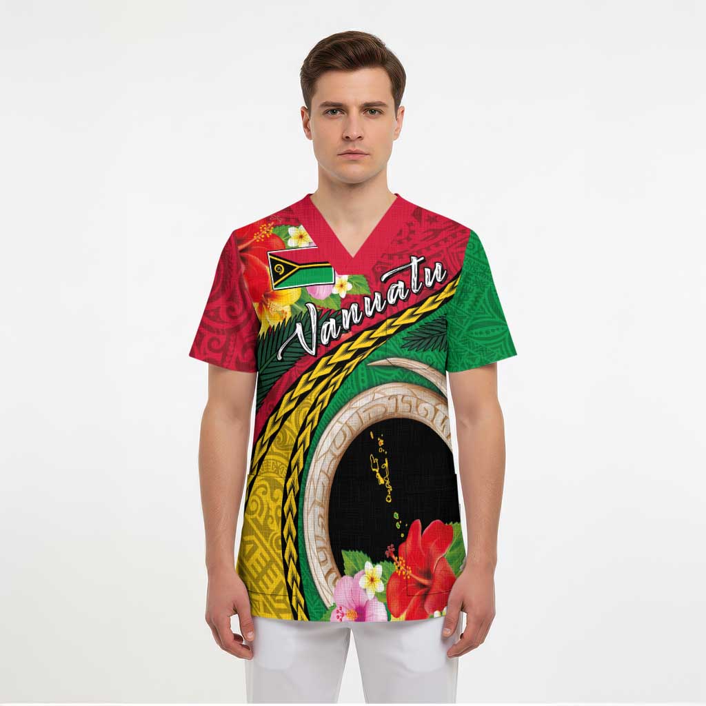Vanuatu Tribal Boar Tusk Scrub Top Tropical Plants with Namele and Melanesian Pattern LT03 - Polynesian Pride