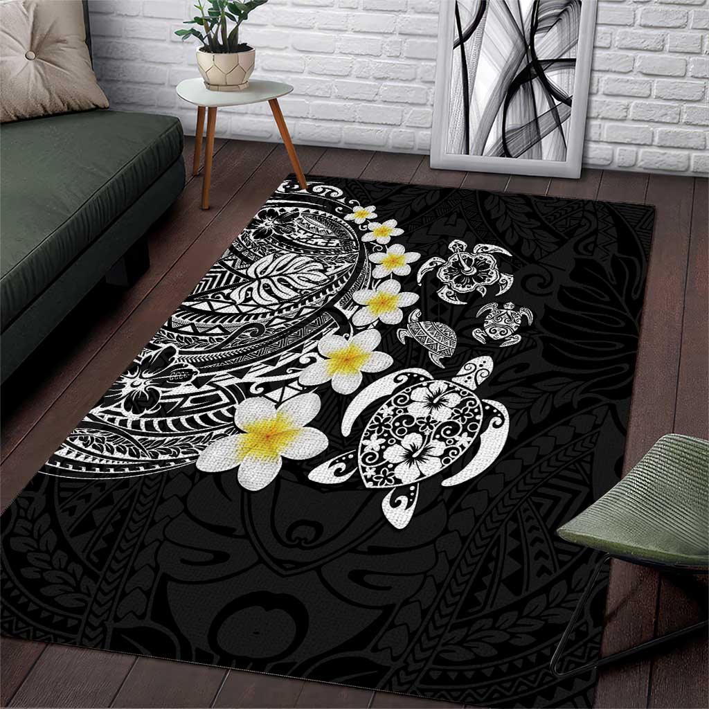 Hawaiian Plumeria Turtles Area Rug Polynesian Art Tattoo LT03 Black - Polynesian Pride