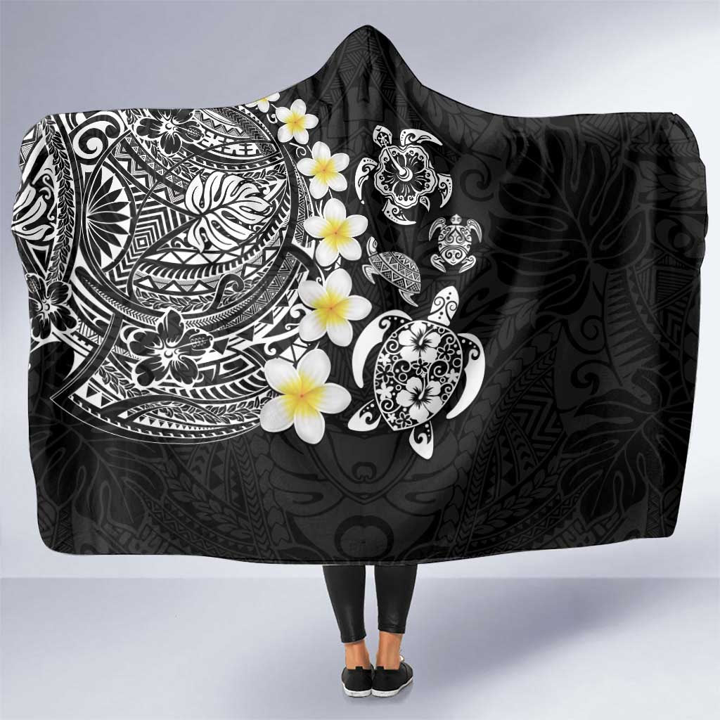 Hawaiian Plumeria Turtles Hooded Blanket Polynesian Art Tattoo LT03 One Size Black - Polynesian Pride