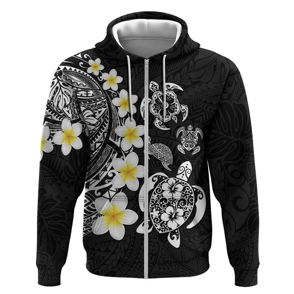 Hawaiian Plumeria Turtles Hoodie Polynesian Art Tattoo LT03 Zip Hoodie Black - Polynesian Pride