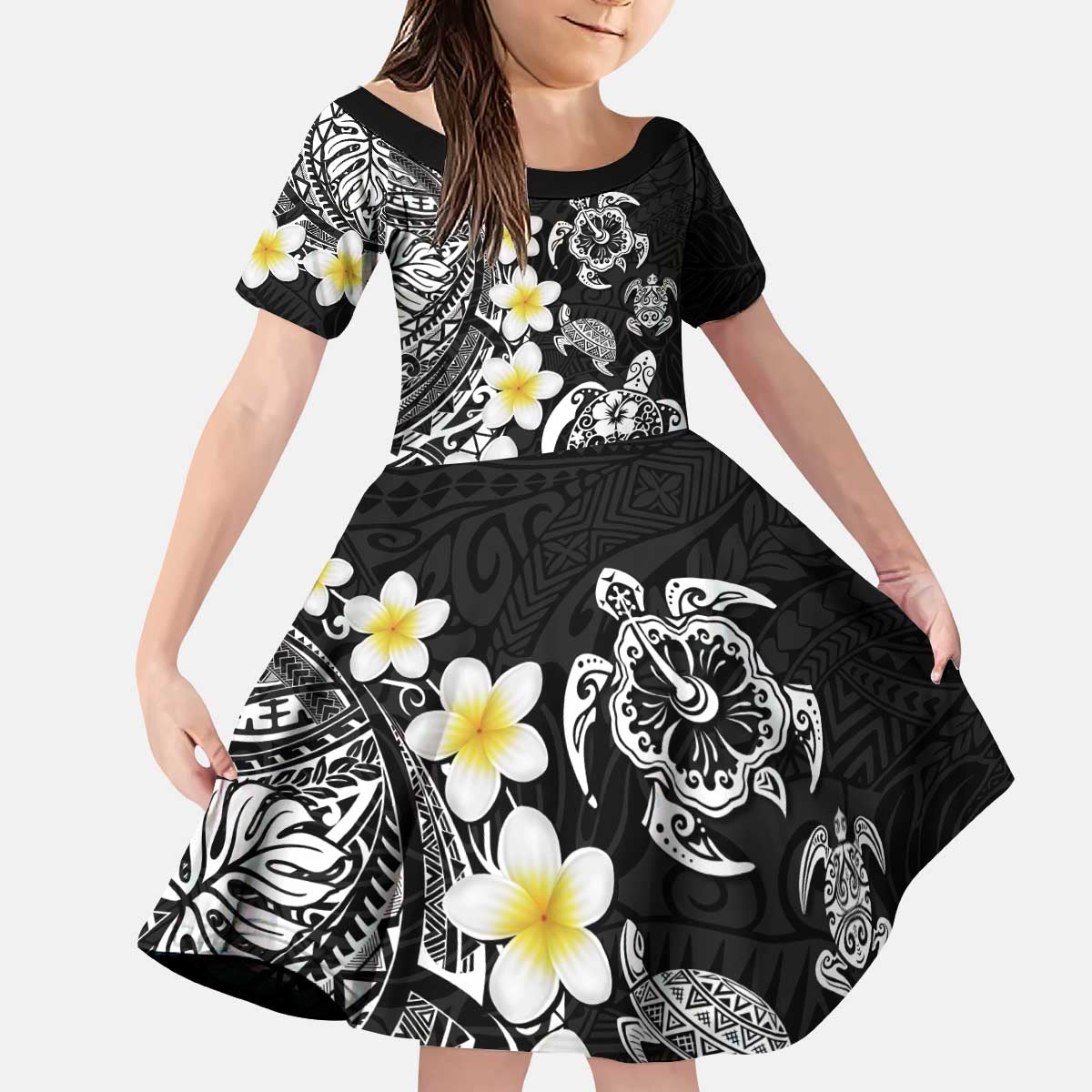Hawaiian Plumeria Turtles Kid Short Sleeve Dress Polynesian Art Tattoo LT03 KID Black - Polynesian Pride