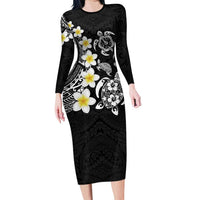 Hawaiian Plumeria Turtles Long Sleeve Bodycon Dress Polynesian Art Tattoo LT03 Long Dress Black - Polynesian Pride