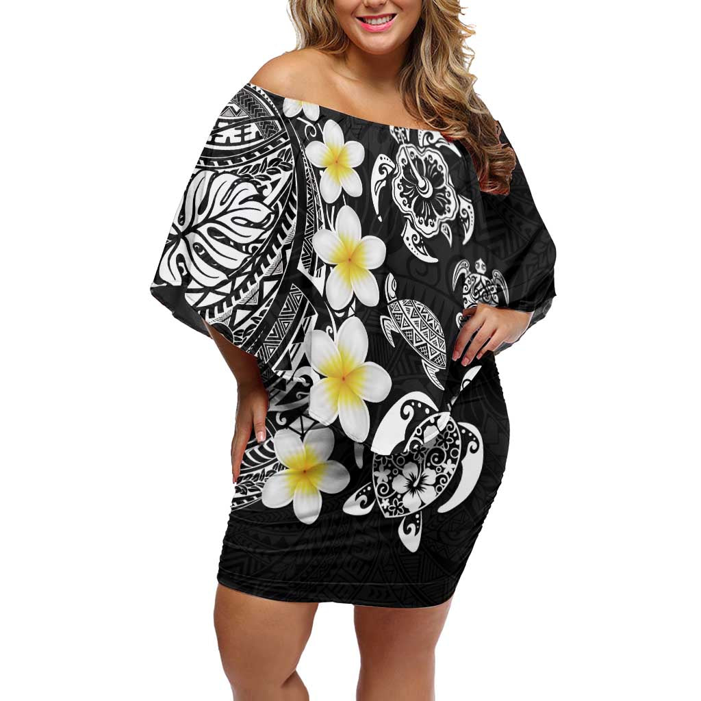 Hawaiian Plumeria Turtles Off Shoulder Short Dress Polynesian Art Tattoo LT03 Women Black - Polynesian Pride