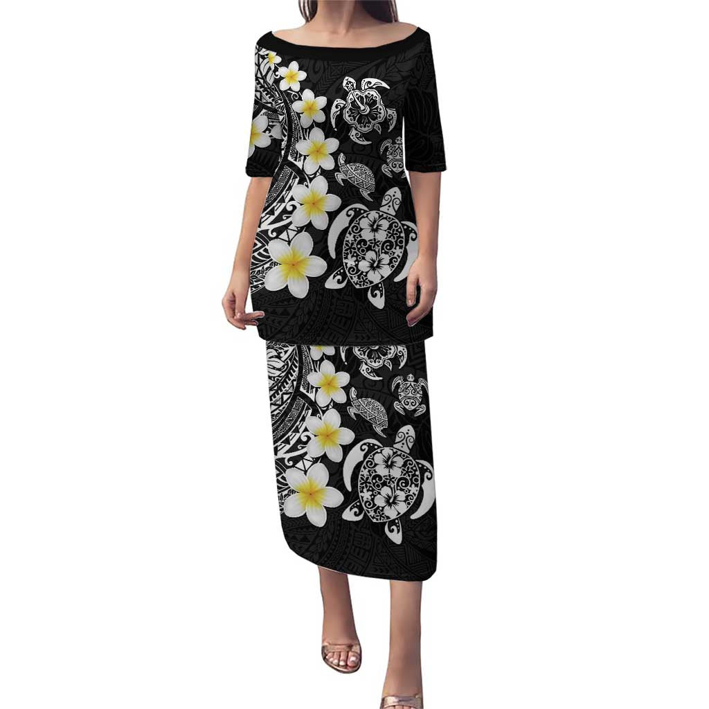 Hawaiian Plumeria Turtles Puletasi Polynesian Art Tattoo LT03 Long Dress Black - Polynesian Pride