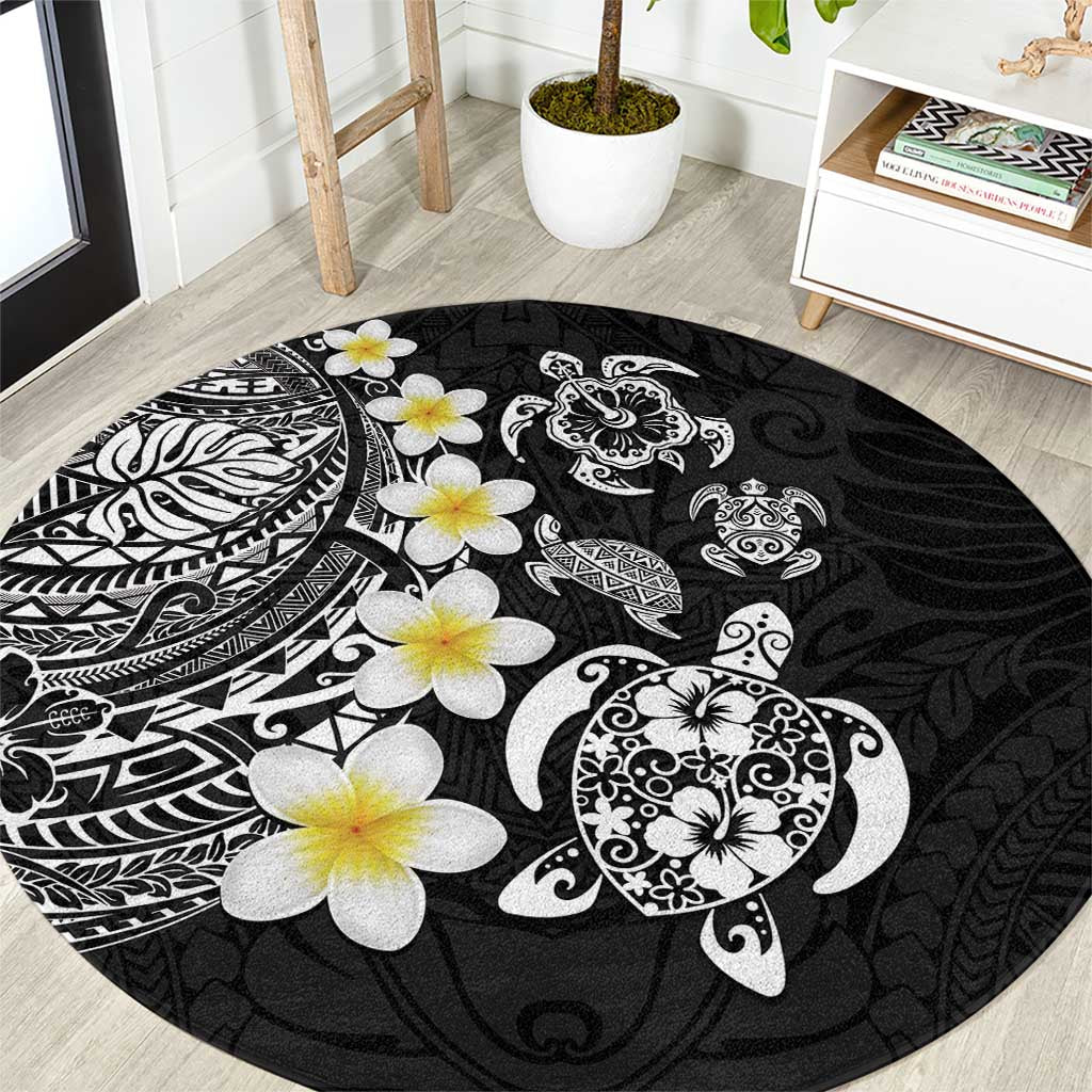 Hawaiian Plumeria Turtles Round Carpet Polynesian Art Tattoo LT03 Black - Polynesian Pride